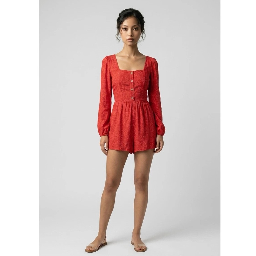 EXPRESS Chili Red Square-Neck Long Sleeve Romper